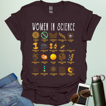 'Women in Science' tribute t-shirt with icons and names of famous female scientists.