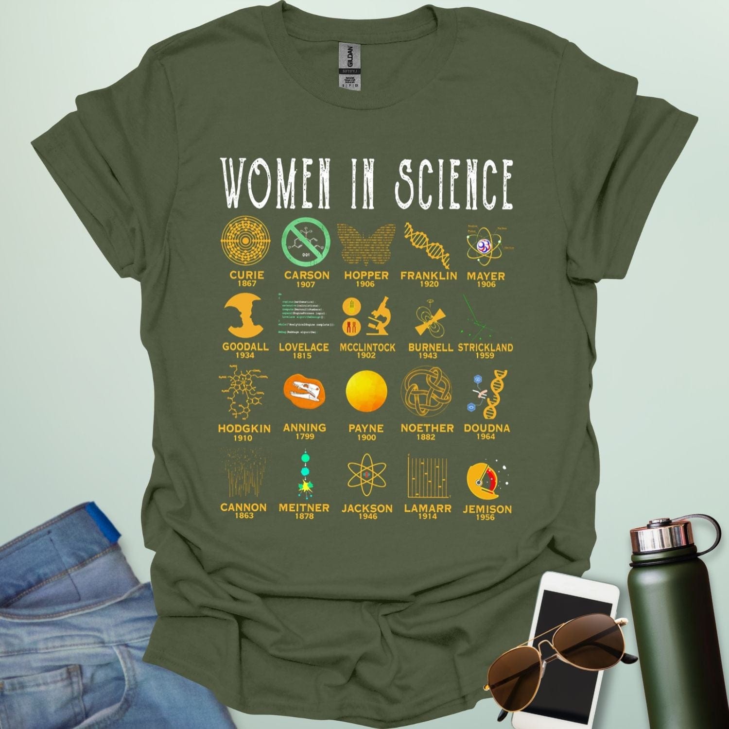 'Women in Science' tribute t-shirt with icons and names of famous female scientists.