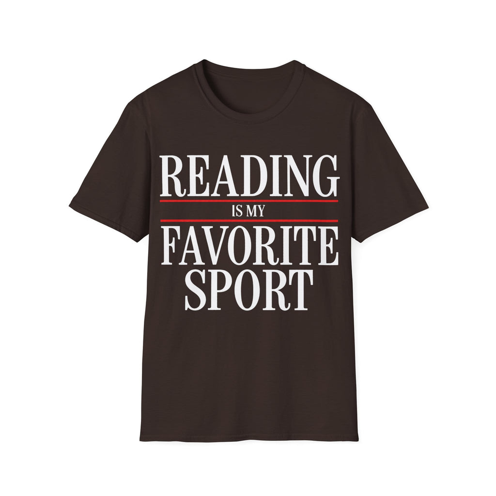 Bold graphic typography reading 'READING IS MY FAVORITE SPORT' framed by red horizontal rule lines.