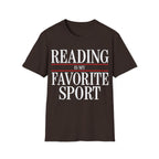 Bold graphic typography reading 'READING IS MY FAVORITE SPORT' framed by red horizontal rule lines.