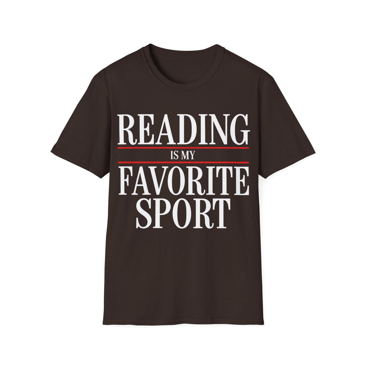Bold graphic typography reading 'READING IS MY FAVORITE SPORT' framed by red horizontal rule lines.