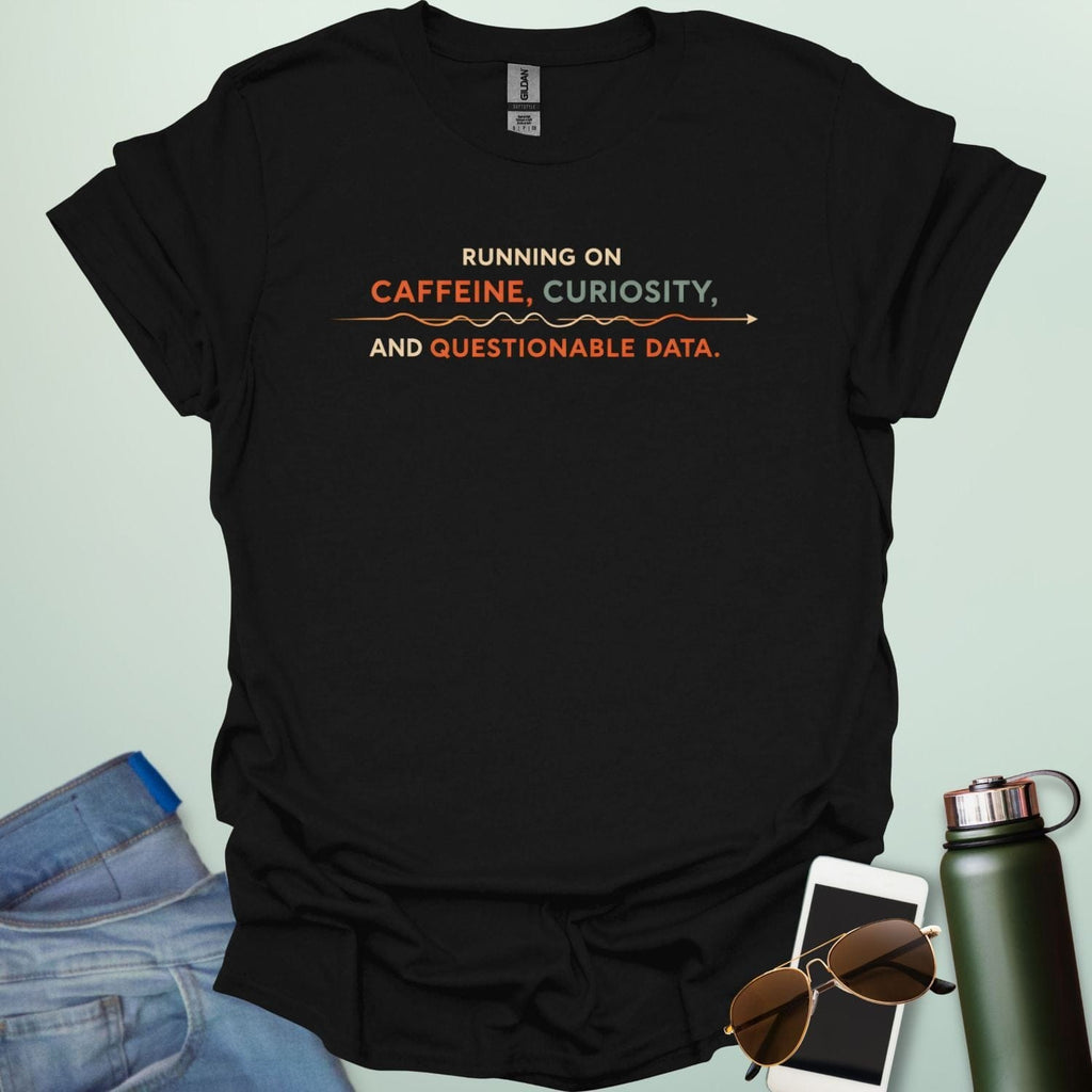 A graphic design featuring a coffee mug next to a messy line graph with the text "POWERED BY CAFFEINE AND QUESTIONABLE DATA."