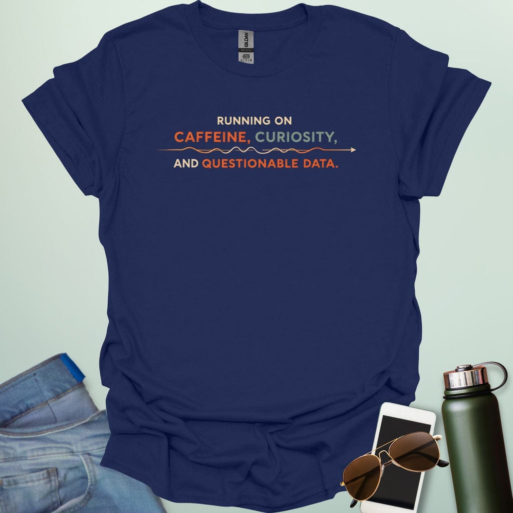 A graphic design featuring a coffee mug next to a messy line graph with the text "POWERED BY CAFFEINE AND QUESTIONABLE DATA."