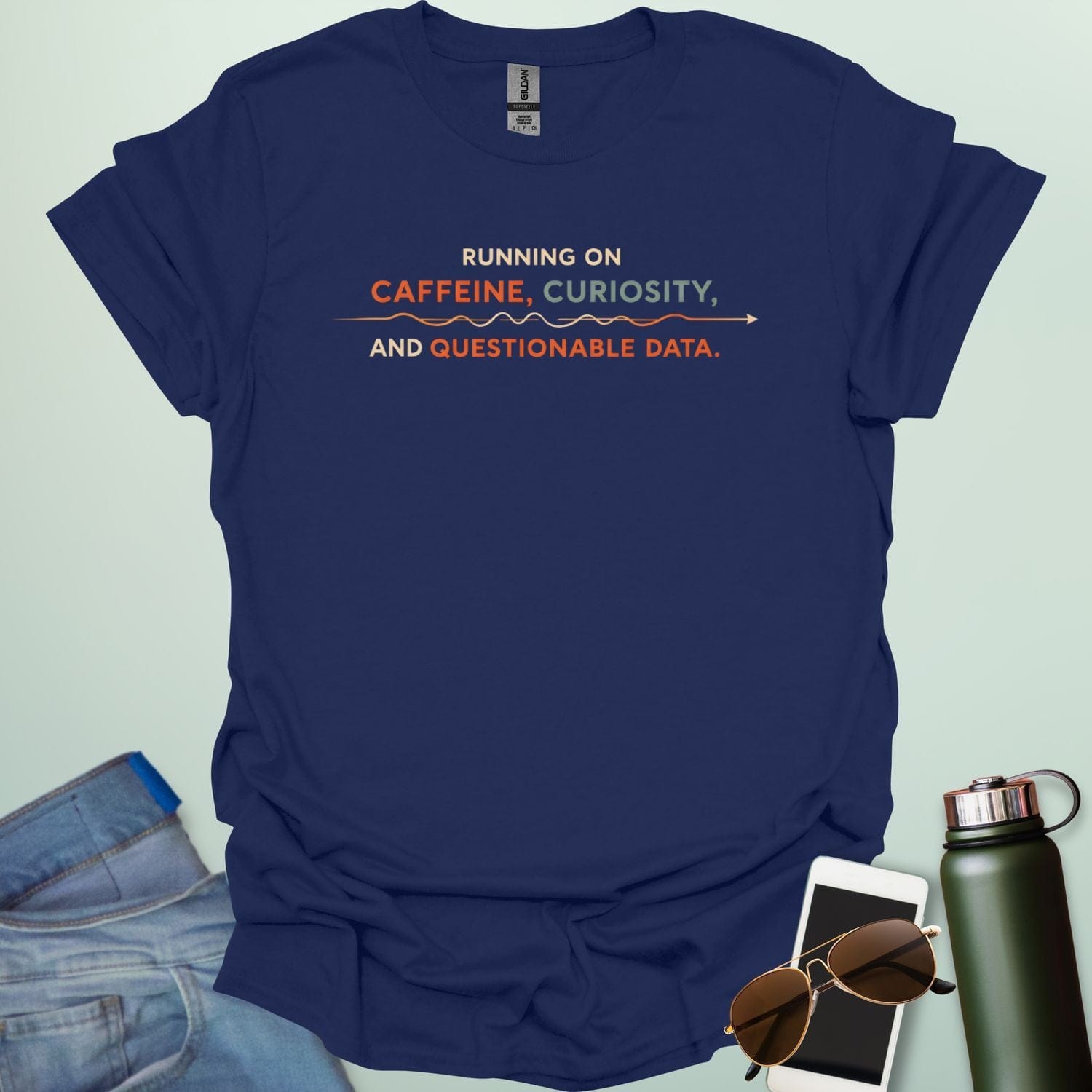 A graphic design featuring a coffee mug next to a messy line graph with the text "POWERED BY CAFFEINE AND QUESTIONABLE DATA."