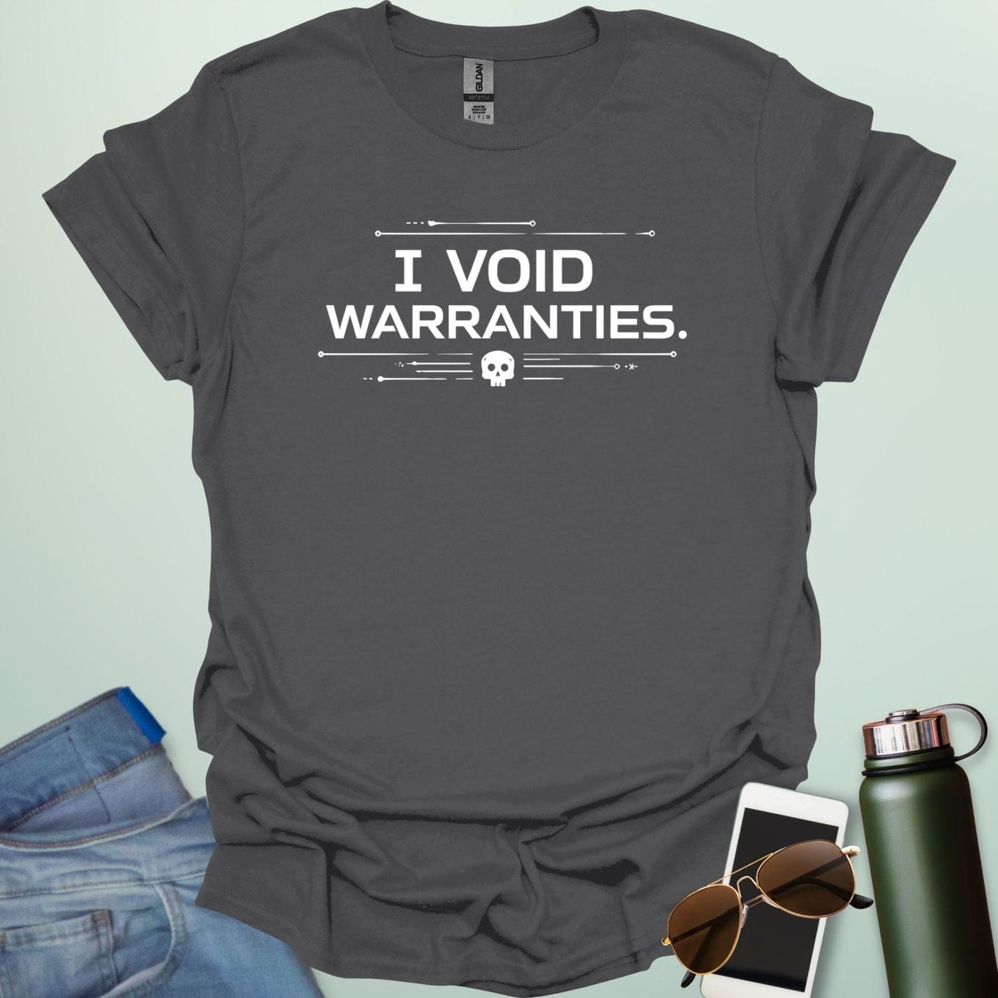 A bold, industrial-style typography design featuring the text "I VOID WARRANTIES" with various hardware icons like gears, screwdrivers, and bolts.