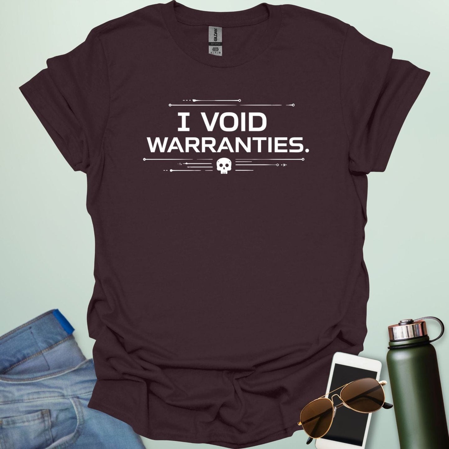 A bold, industrial-style typography design featuring the text "I VOID WARRANTIES" with various hardware icons like gears, screwdrivers, and bolts.