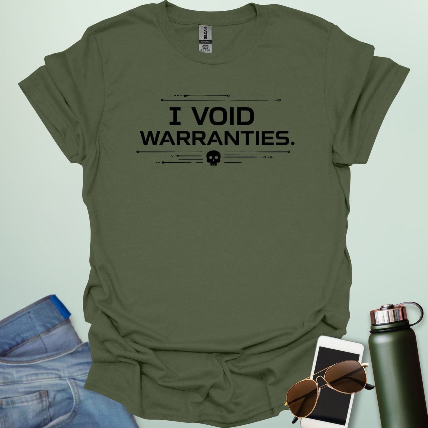 A bold, industrial-style typography design featuring the text "I VOID WARRANTIES" with various hardware icons like gears, screwdrivers, and bolts.