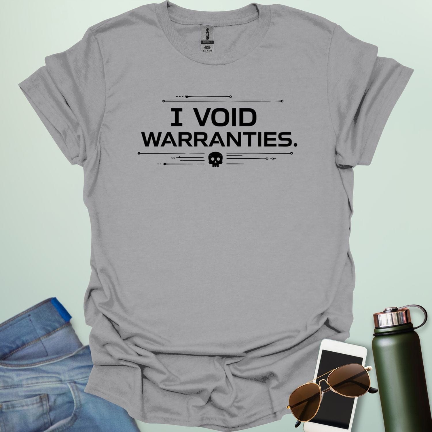 A bold, industrial-style typography design featuring the text "I VOID WARRANTIES" with various hardware icons like gears, screwdrivers, and bolts.