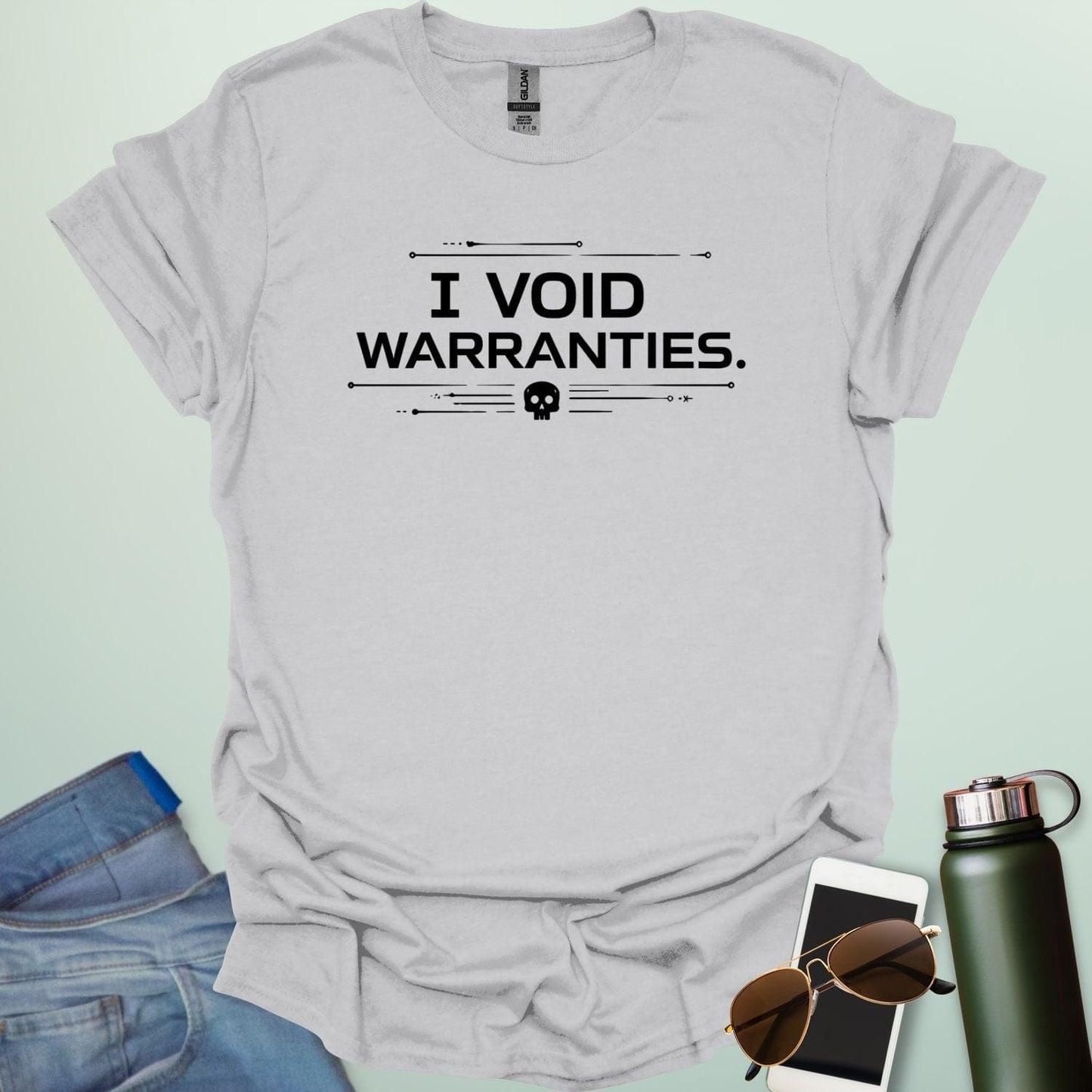 A bold, industrial-style typography design featuring the text "I VOID WARRANTIES" with various hardware icons like gears, screwdrivers, and bolts.