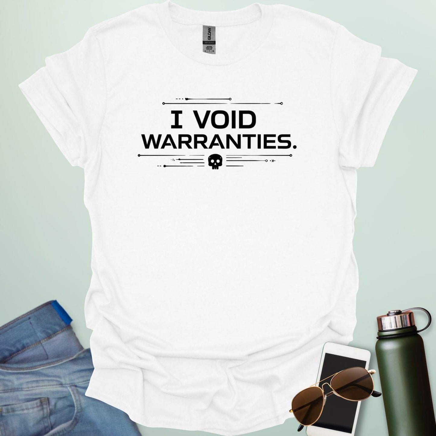 A bold, industrial-style typography design featuring the text "I VOID WARRANTIES" with various hardware icons like gears, screwdrivers, and bolts.