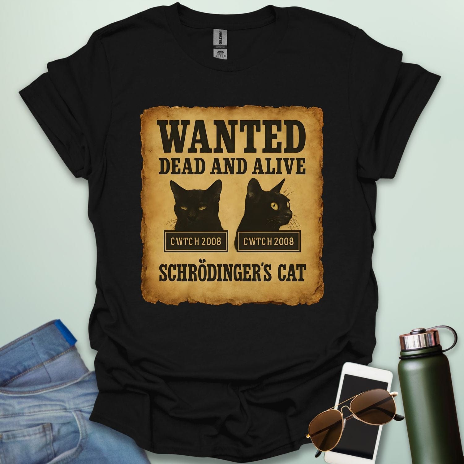 'Schrödinger's Cat' t-shirt with a 'Wanted Dead and Alive' poster design, a funny quantum physics joke.