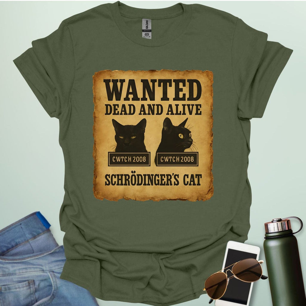 'Schrödinger's Cat' t-shirt with a 'Wanted Dead and Alive' poster design, a funny quantum physics joke.