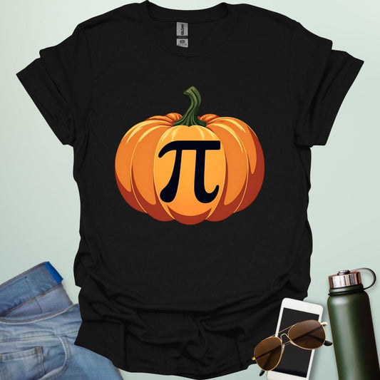 Pumpkin Pi t-shirt with pumpkin graphic incorporating the Pi symbol — a math pun design for Pi Day, Halloween, and fall lovers.