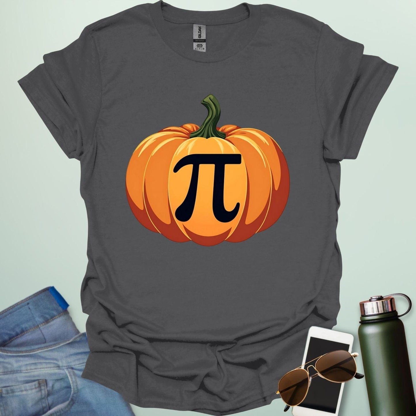 Pumpkin Pi t-shirt with pumpkin graphic incorporating the Pi symbol — a math pun design for Pi Day, Halloween, and fall lovers.
