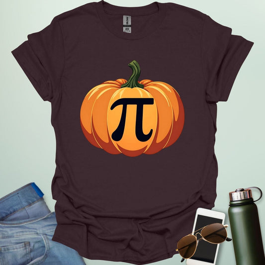 Pumpkin Pi t-shirt with pumpkin graphic incorporating the Pi symbol — a math pun design for Pi Day, Halloween, and fall lovers.