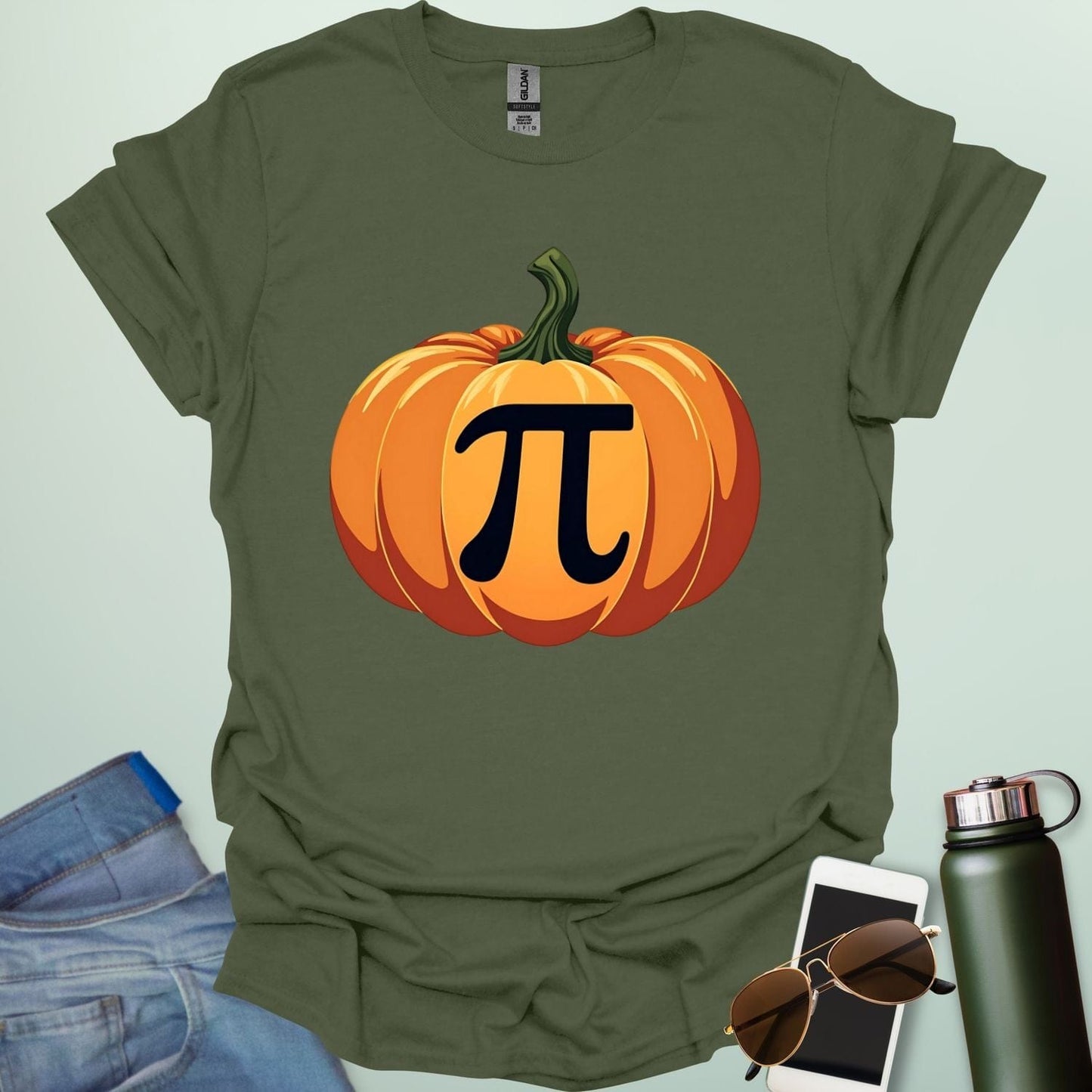 Pumpkin Pi t-shirt with pumpkin graphic incorporating the Pi symbol — a math pun design for Pi Day, Halloween, and fall lovers.