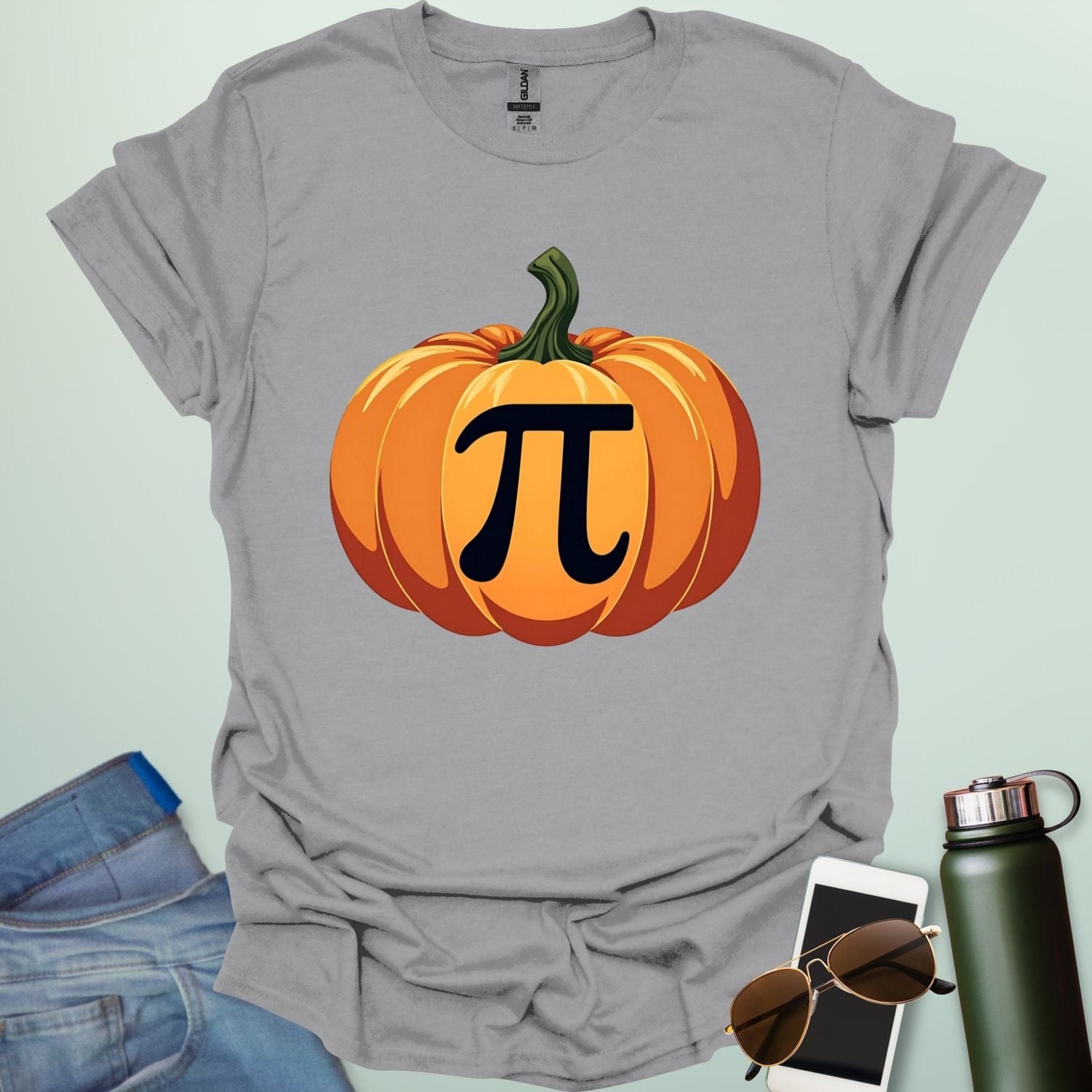 Pumpkin Pi t-shirt with pumpkin graphic incorporating the Pi symbol — a math pun design for Pi Day, Halloween, and fall lovers.