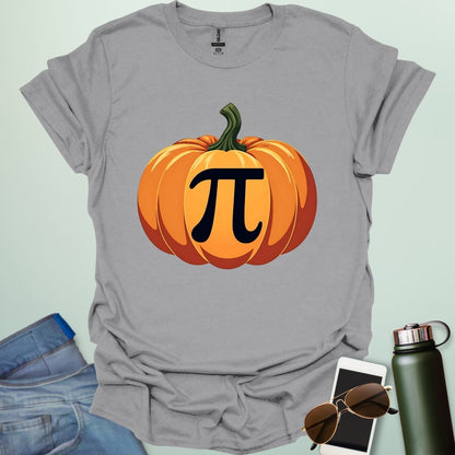 Pumpkin Pi t-shirt with pumpkin graphic incorporating the Pi symbol — a math pun design for Pi Day, Halloween, and fall lovers.