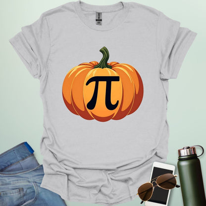 Pumpkin Pi t-shirt with pumpkin graphic incorporating the Pi symbol — a math pun design for Pi Day, Halloween, and fall lovers.