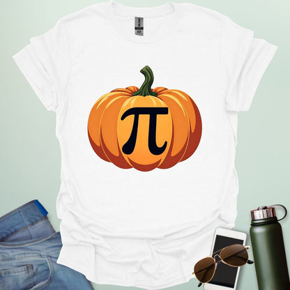 Pumpkin Pi t-shirt with pumpkin graphic incorporating the Pi symbol — a math pun design for Pi Day, Halloween, and fall lovers.
