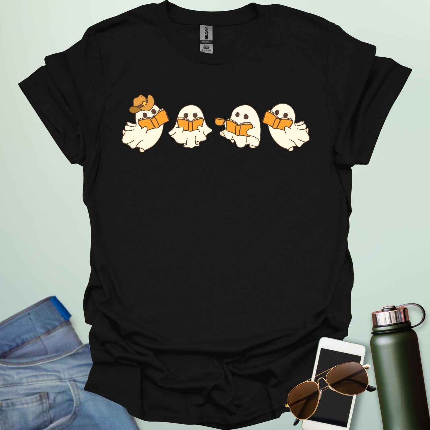 Western Ghost Readers t-shirt featuring ghostly figures reading books and sipping coffee in a western-style design — perfect for book lovers & Halloween.