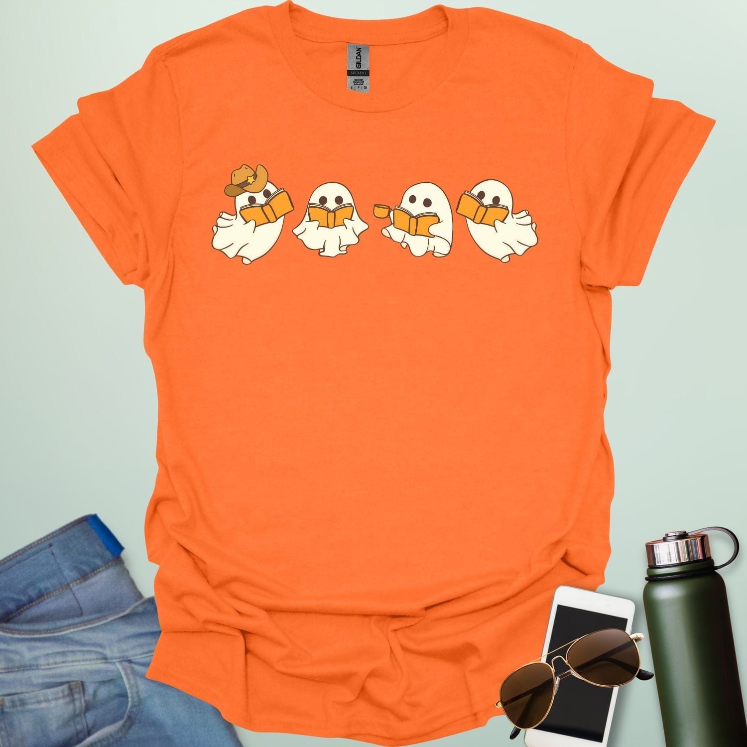 Western Ghost Readers t-shirt featuring ghostly figures reading books and sipping coffee in a western-style design — perfect for book lovers & Halloween.