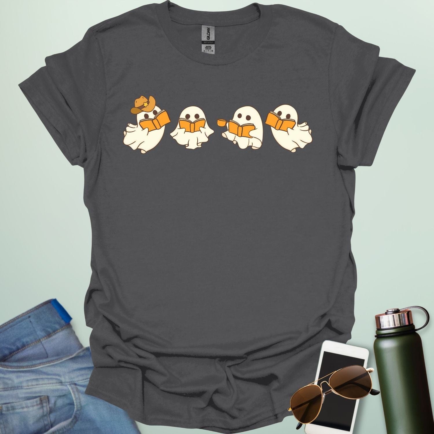 Western Ghost Readers t-shirt featuring ghostly figures reading books and sipping coffee in a western-style design — perfect for book lovers & Halloween.