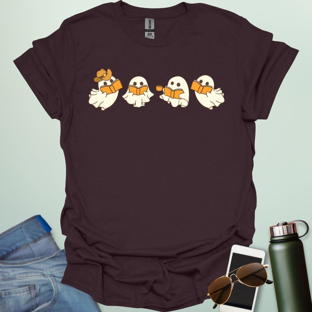 Western Ghost Readers t-shirt featuring ghostly figures reading books and sipping coffee in a western-style design — perfect for book lovers & Halloween.