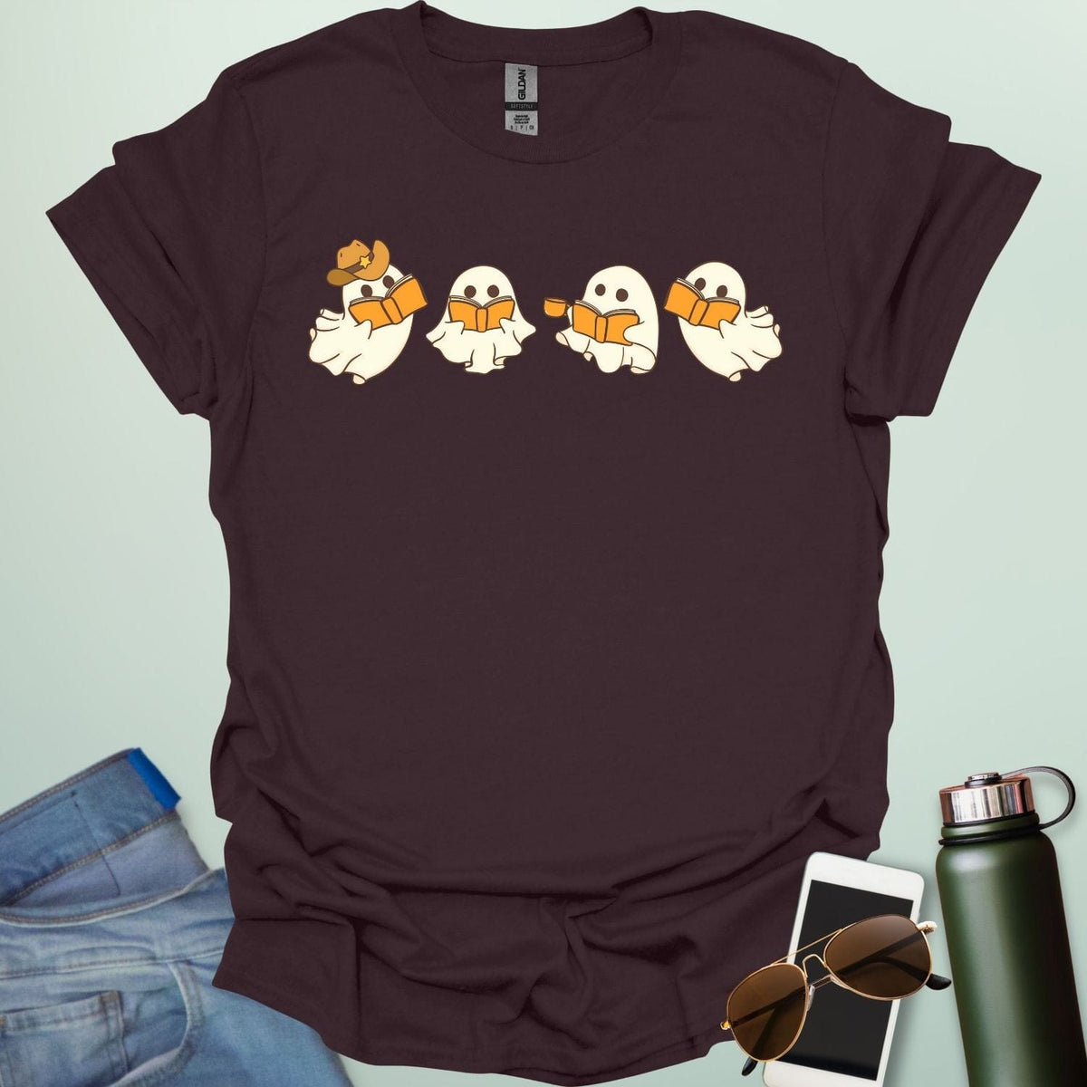 Western Ghost Readers t-shirt featuring ghostly figures reading books and sipping coffee in a western-style design — perfect for book lovers & Halloween.