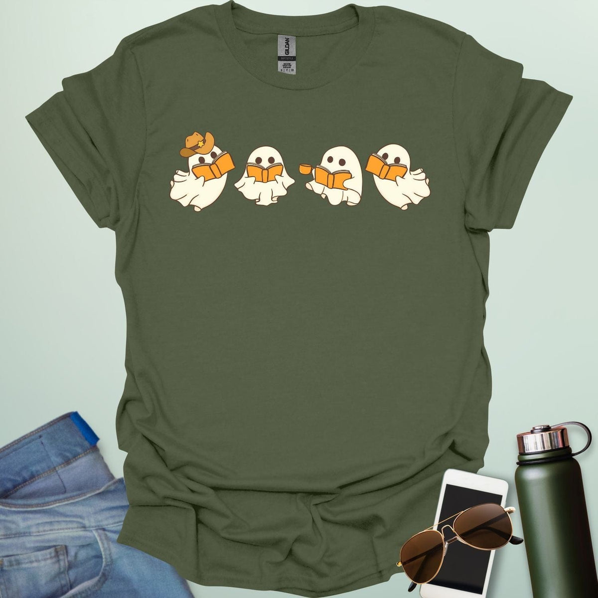 Western Ghost Readers t-shirt featuring ghostly figures reading books and sipping coffee in a western-style design — perfect for book lovers & Halloween.
