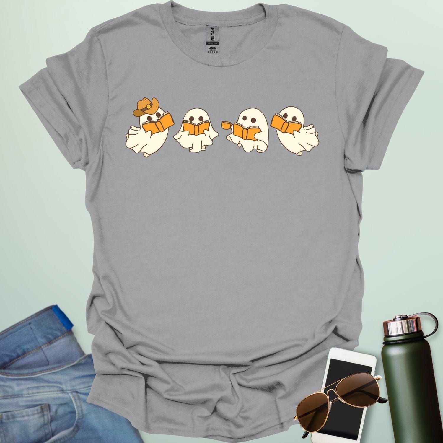 Western Ghost Readers t-shirt featuring ghostly figures reading books and sipping coffee in a western-style design — perfect for book lovers & Halloween.