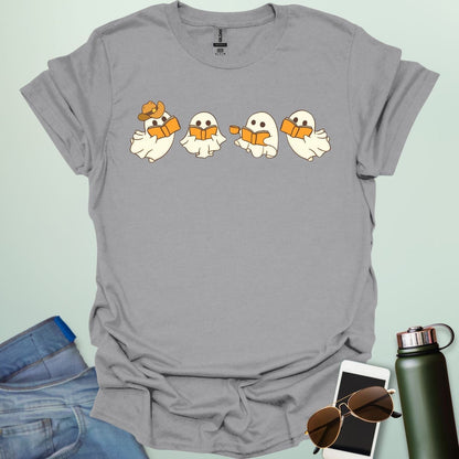 Western Ghost Readers t-shirt featuring ghostly figures reading books and sipping coffee in a western-style design — perfect for book lovers & Halloween.