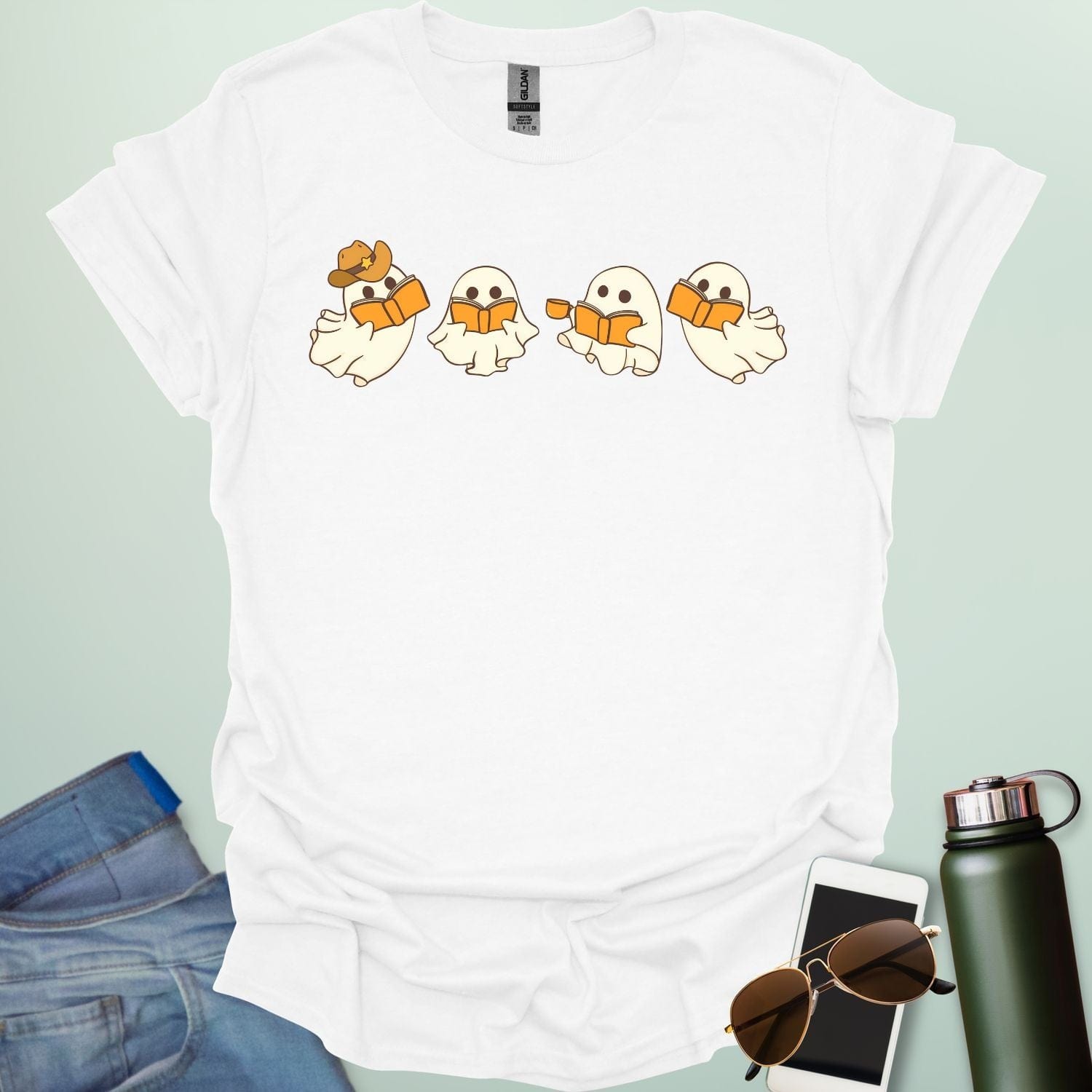 Western Ghost Readers t-shirt featuring ghostly figures reading books and sipping coffee in a western-style design — perfect for book lovers & Halloween.