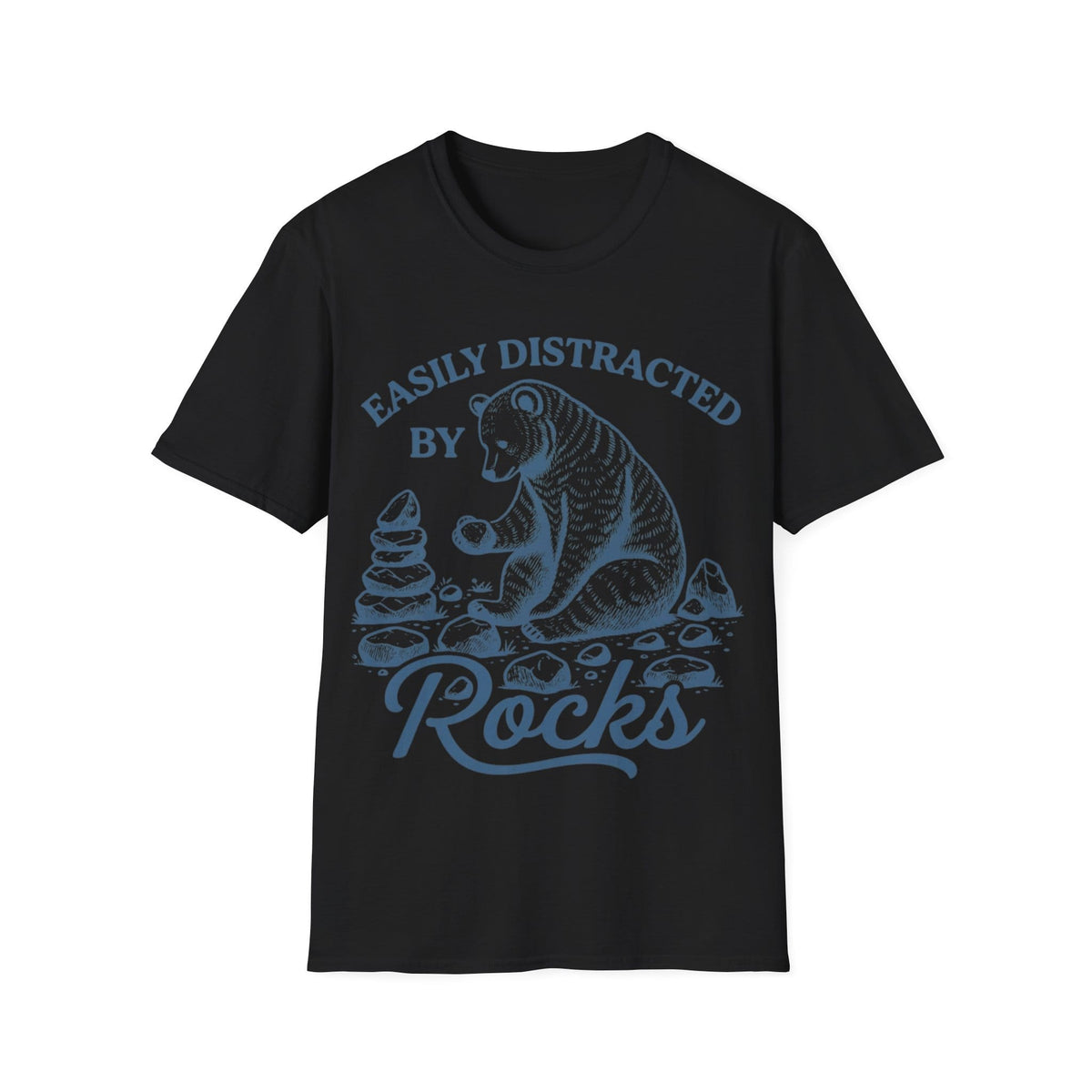 Linocut-style illustration of a bear sitting down examining a stone beside a cairn stack, framed by text reading 'EASILY DISTRACTED BY ROCKS'.