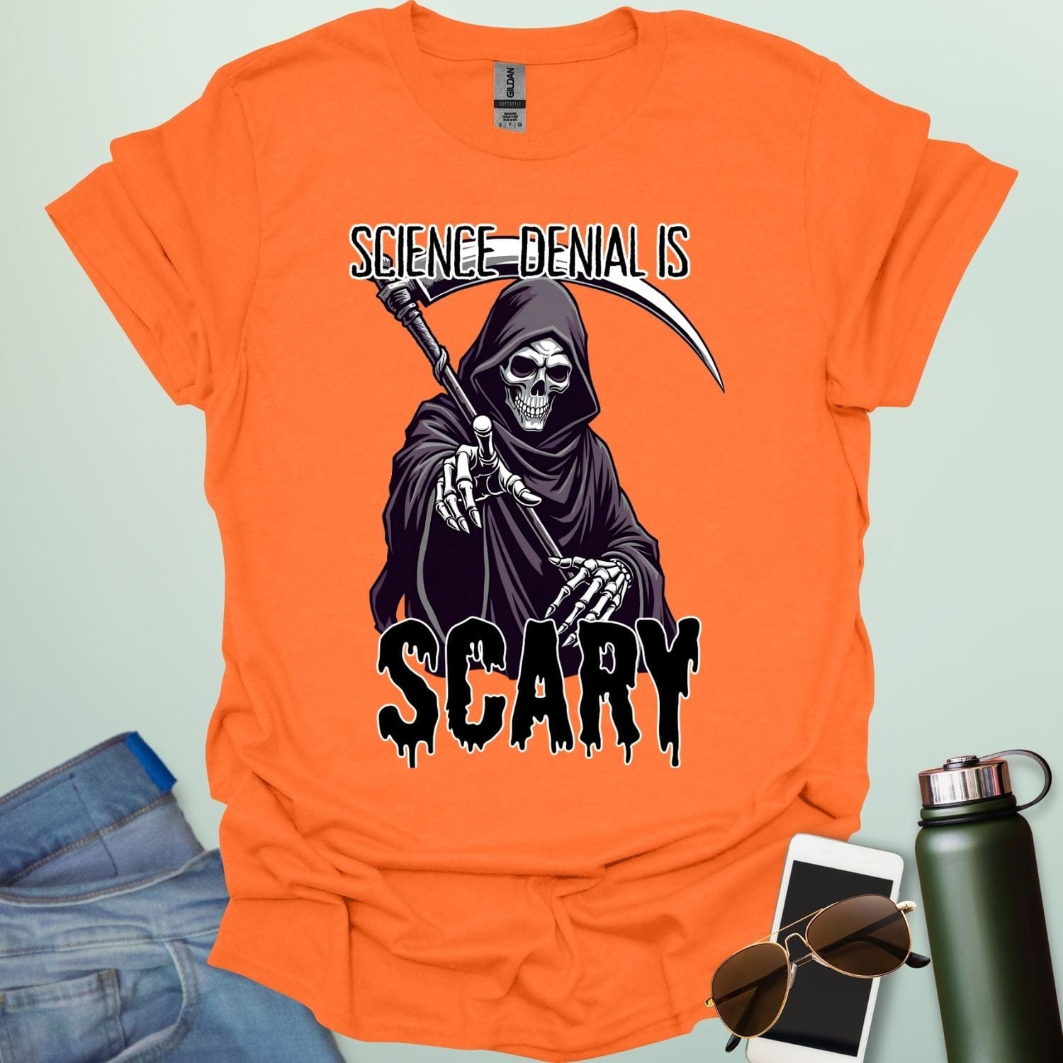 Science Denial Is Scary t-shirt with bold typography design — a statement tee for science lovers, activists, and educators.
