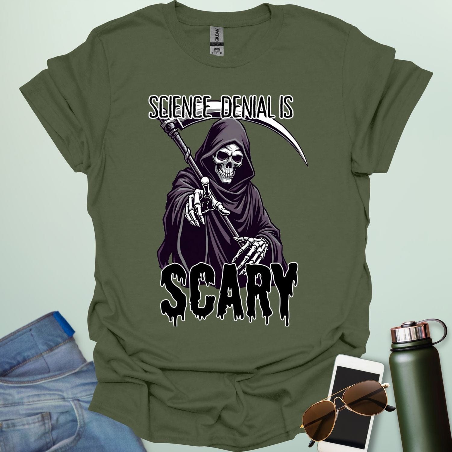 Science Denial Is Scary t-shirt with bold typography design — a statement tee for science lovers, activists, and educators.