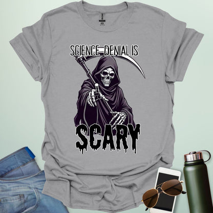 Science Denial Is Scary t-shirt with bold typography design — a statement tee for science lovers, activists, and educators.