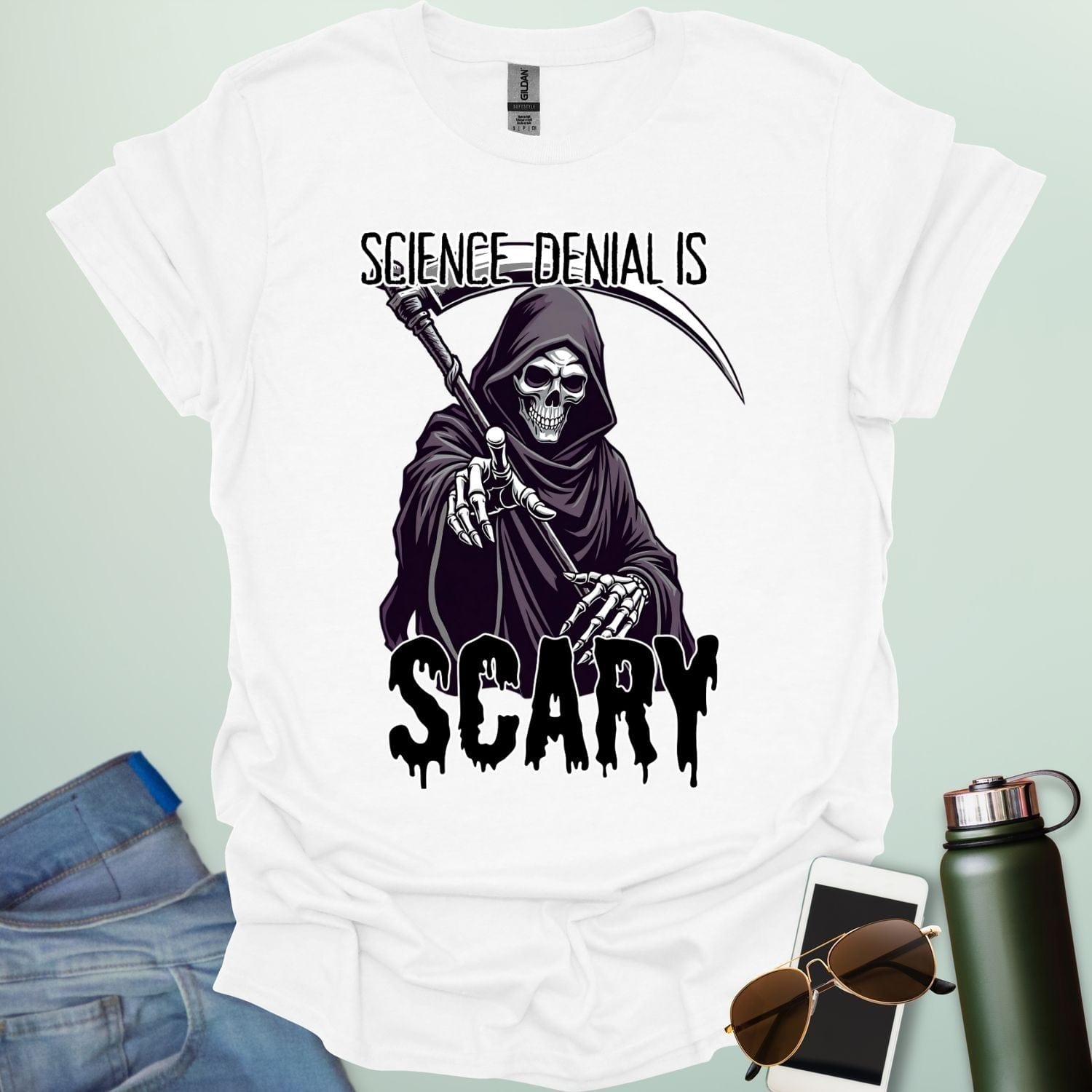 Science Denial Is Scary t-shirt with bold typography design — a statement tee for science lovers, activists, and educators.