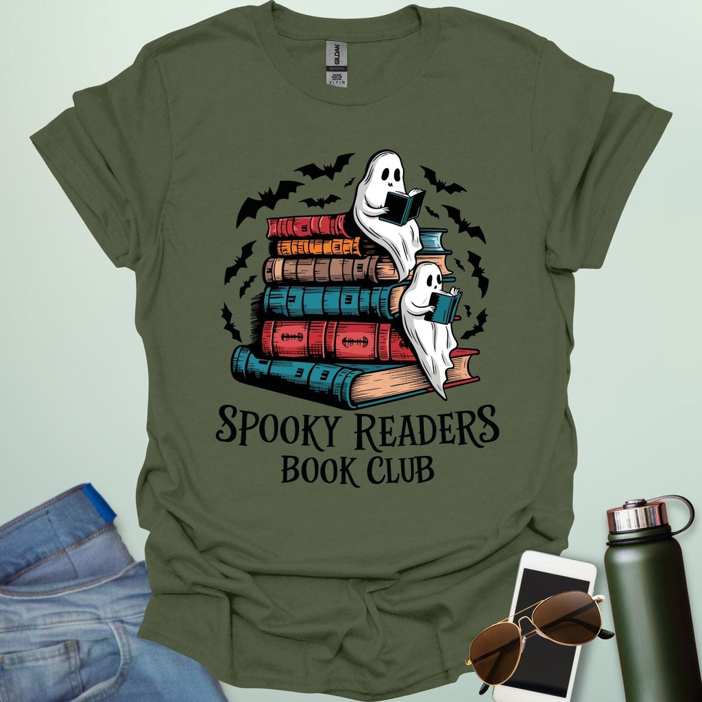 Spooky Readers Book Club t-shirt featuring ghosts reading books — a cozy Halloween design for book lovers and readers.