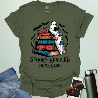 Spooky Readers Book Club t-shirt featuring ghosts reading books — a cozy Halloween design for book lovers and readers.