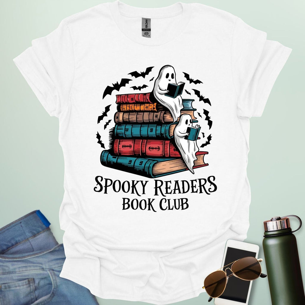 Spooky Readers Book Club t-shirt featuring ghosts reading books — a cozy Halloween design for book lovers and readers.
