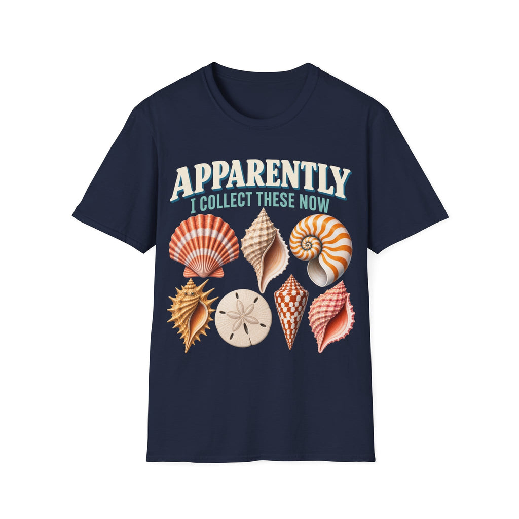 Vintage-style graphic featuring curved retro typography reading 'APPARENTLY I COLLECT THESE NOW' above detailed illustrations of colorful seashells, a nautilus shell, and a sand dollar.