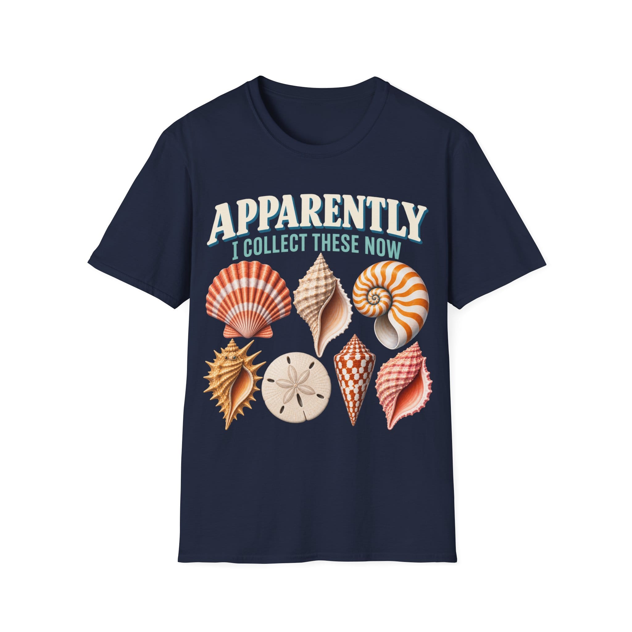 Vintage-style graphic featuring curved retro typography reading 'APPARENTLY I COLLECT THESE NOW' above detailed illustrations of colorful seashells, a nautilus shell, and a sand dollar.