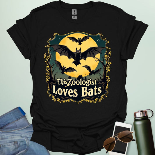 This Zoologist Loves Bats t-shirt featuring bat graphic design — a wildlife science tee for zoologists, animal lovers, and bat fans.