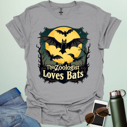 This Zoologist Loves Bats t-shirt featuring bat graphic design — a wildlife science tee for zoologists, animal lovers, and bat fans.