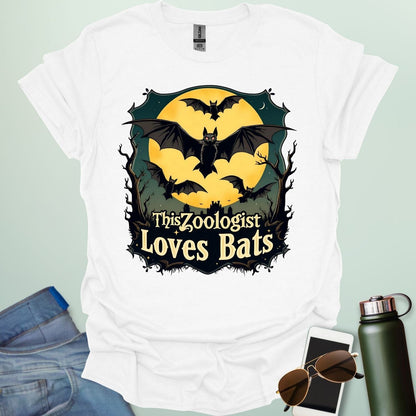 This Zoologist Loves Bats t-shirt featuring bat graphic design — a wildlife science tee for zoologists, animal lovers, and bat fans.