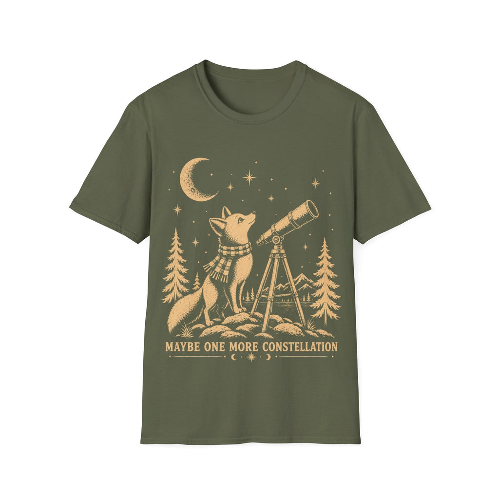 Vintage illustration of a fox wearing a plaid scarf gazing into a brass telescope framed by pine trees, a crescent moon, and text reading 'MAYBE ONE MORE CONSTELLATION'.