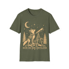 Vintage illustration of a fox wearing a plaid scarf gazing into a brass telescope framed by pine trees, a crescent moon, and text reading 'MAYBE ONE MORE CONSTELLATION'.