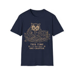 Vintage woodcut illustration of an owl wrapped in a scarf reading a book in a nest beside a stack of celestial books, with text reading 'THIS TIME I'LL ONLY READ ONE CHAPTER.'