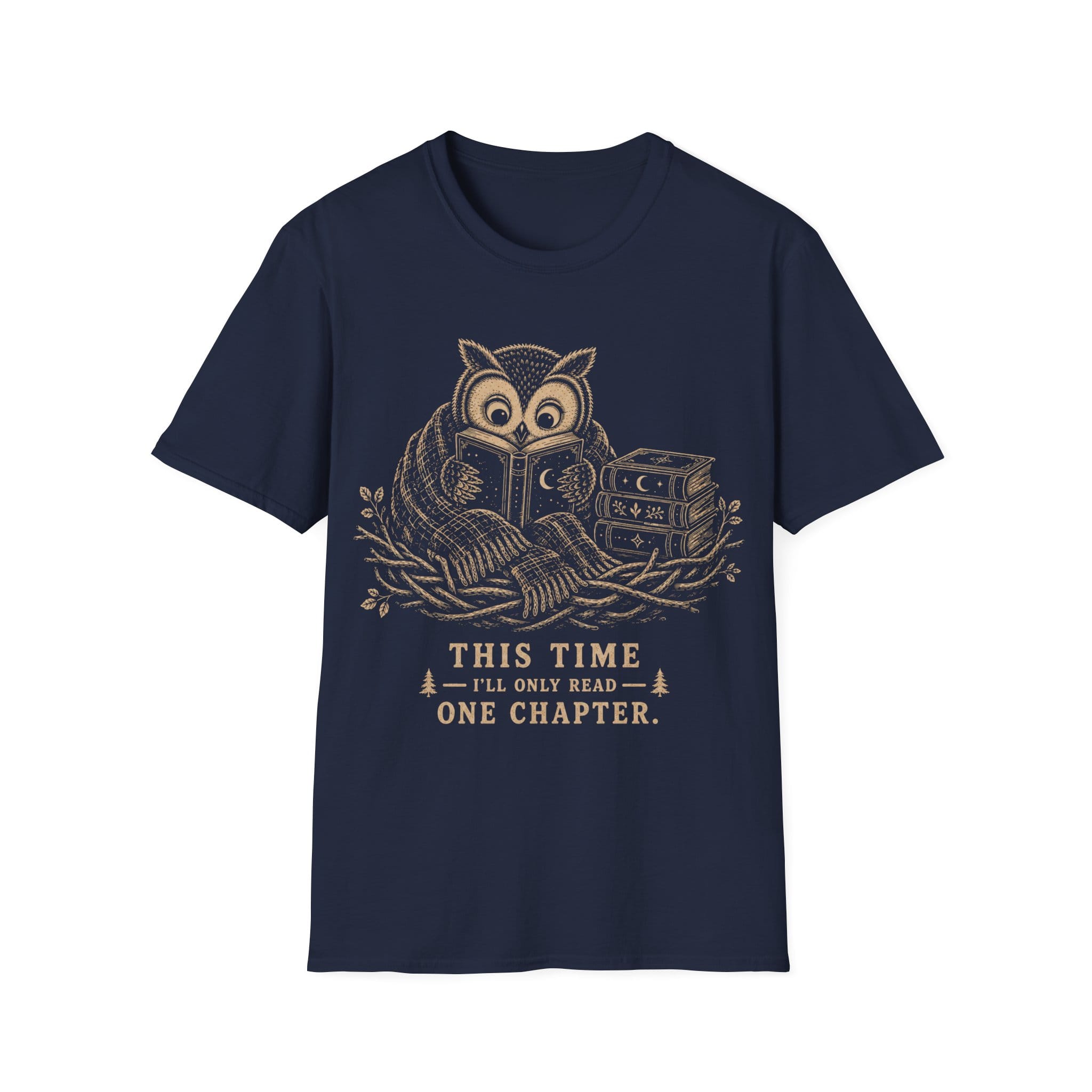 Vintage woodcut illustration of an owl wrapped in a scarf reading a book in a nest beside a stack of celestial books, with text reading 'THIS TIME I'LL ONLY READ ONE CHAPTER.'